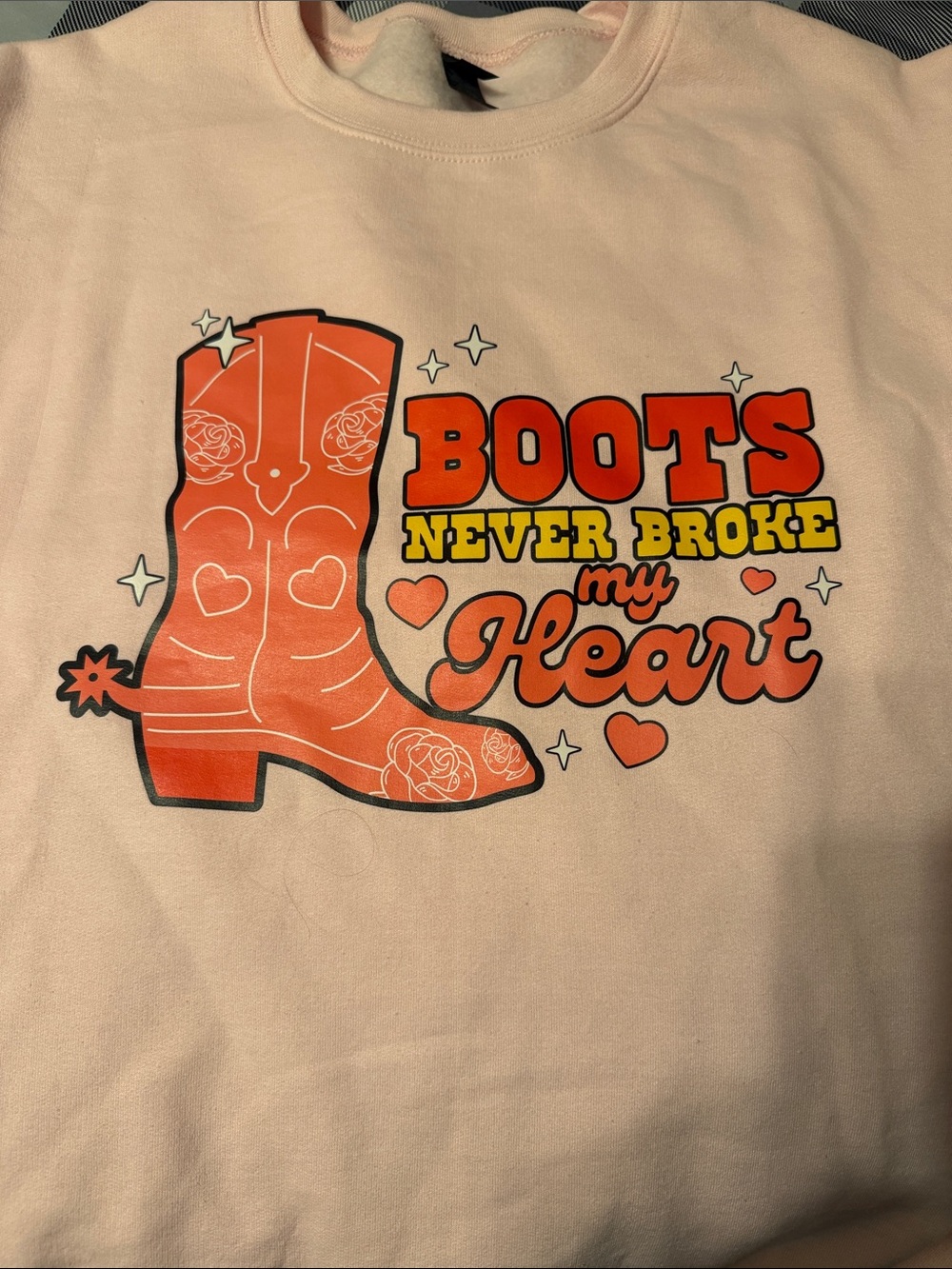 Gildan Light Pink Graphic Sweatshirt with Orange Red Boot Design - Picture 4 of 5